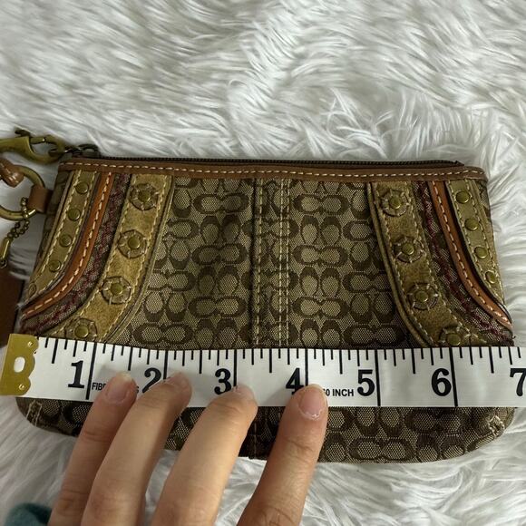 COACH Brown Signature Stub Suede Canvas Wristlet - Picture 8 of 9